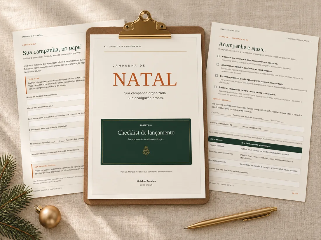Prévia do Checklist de Lançamento com etapas de preparação, acompanhamento e painel de tarefas